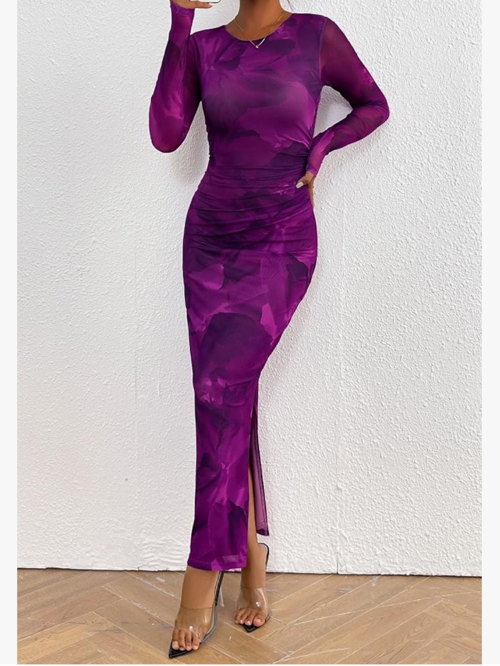 PRETTYGARDEN Sheer Mesh Long Sleeve Ruched Bodycon Maxi Dress - Picture 4 of 13